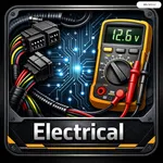 Digital multimeter displaying 12.6 volts alongside colorful electrical wires and circuit board components with bright blue lighting, representing professional electrical diagnostics and automotive system testing in a technical workshop environment