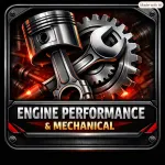 Turbocharger, piston, connecting rod, and engine components with a bottle of high performance oil displayed against a vibrant red background with flames. A speedometer gauge showing high RPM is visible among the mechanical parts. White italicized text reading Engine Performance appears on a red banner at the bottom. The image conveys power, speed, and high-performance automotive engineering with an energetic and dynamic tone.