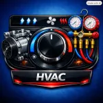 Climate control panel with central rotating knob surrounded by buttons for temperature, fan speed, and air conditioning modes. Blue digital display shows cooling and heating indicators with snowflake and flame symbols. Text label reads HVAC at bottom. Professional, technical interface against deep blue background conveying modern automotive climate system control.