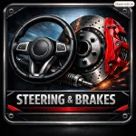 Red brake caliper with metallic rotor displayed against a vibrant orange and yellow gradient background. The brake assembly features precision engineering with detailed disc components. A bold red banner with white text reading Brakes appears at the bottom. The dynamic background conveys power and urgency, emphasizing the critical safety function of the braking system.