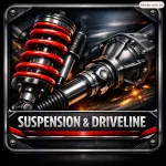 Suspension system components including a red coil spring and black control arms with metal joints displayed against a vibrant orange background. Text label reads Suspension at the bottom. Professional automotive parts showcase conveying precision engineering and vehicle performance enhancement.