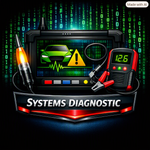 Automotive diagnostic scanner with illuminated yellow check engine warning light and magnifying glass displayed against bright blue background. Green heartbeat waveform and green car silhouette represent vehicle diagnostics and monitoring. Yellow exclamation mark in magnifying lens emphasizes diagnostic alert. Text reading Systems Diagnostic appears on blue banner at bottom. Professional diagnostic tool imagery conveying vehicle health assessment and troubleshooting capabilities with technical precision.